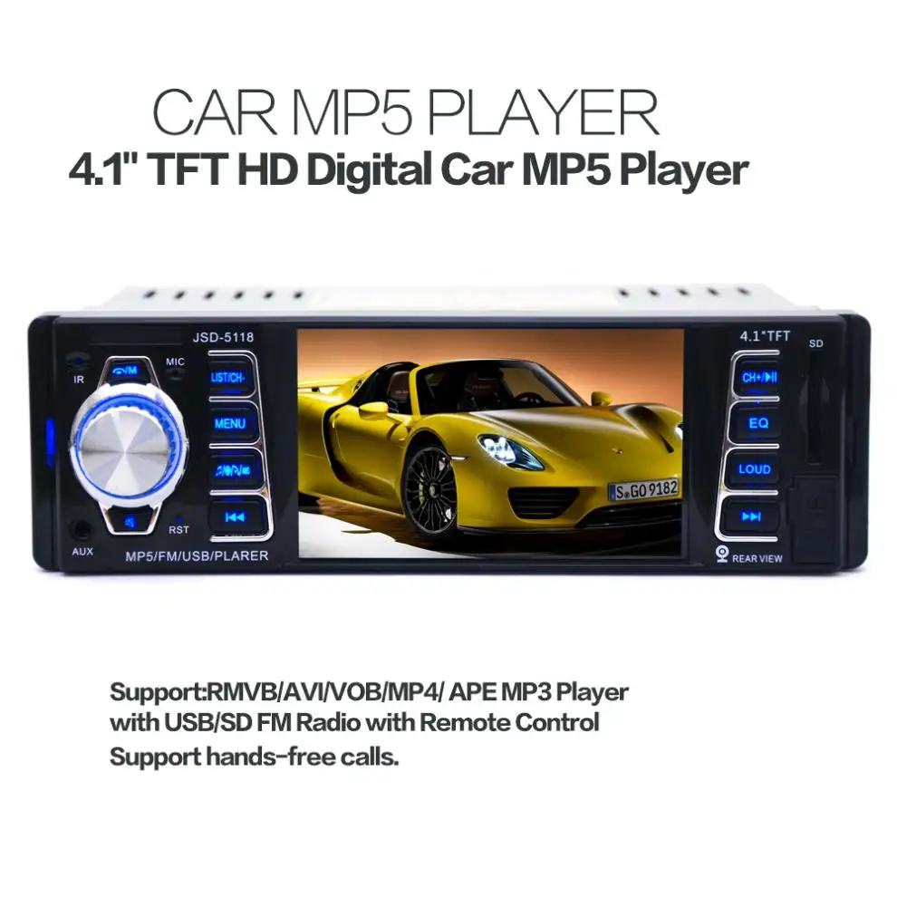 

5118 DC12V 4.1inch 50W x 4CH Bluetooth 1 DIN Car In-Dash Stereo Audio FM Receiver USB MP5 Radio Player With USB / SD / AUX