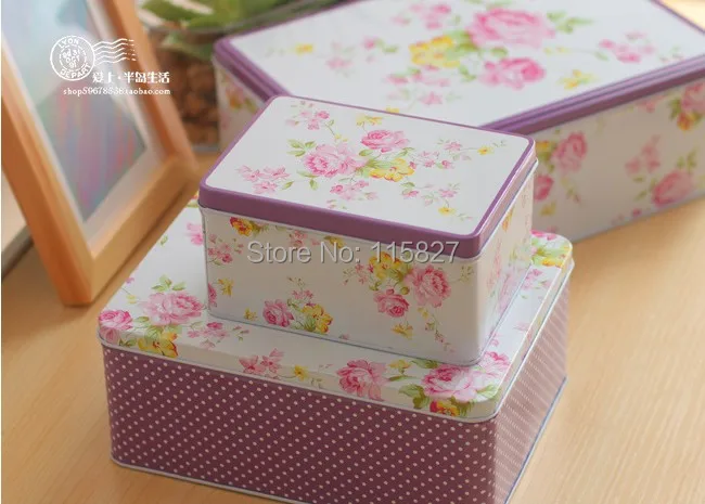 

Free Shipping!2014New Flower design Jumbo Metal Tin Case Sweety Cake Box Cookie box 3pcs Storage container Rectangle Gift Box