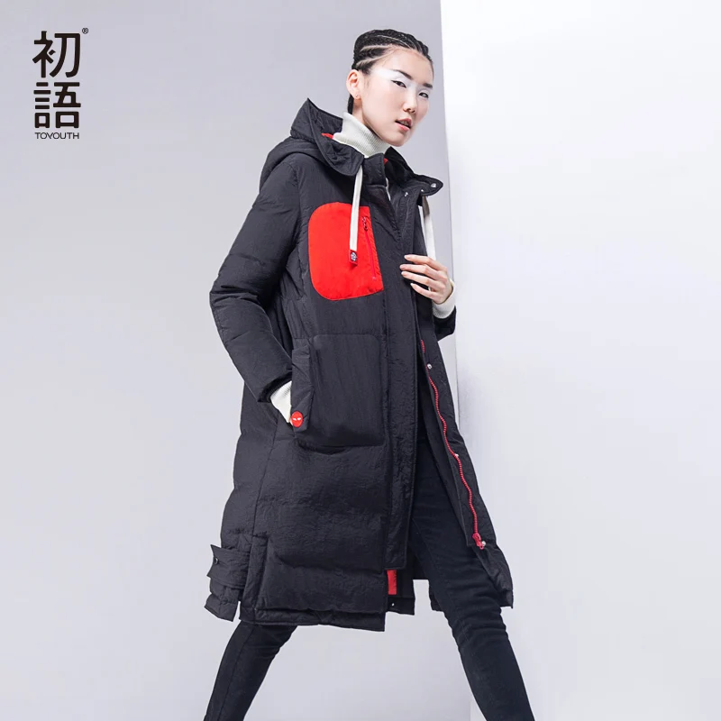 Toyouth Winter Coat Women 2017 Hoody Patchwork Solid Fashion White Duck Down Padded Long Parka