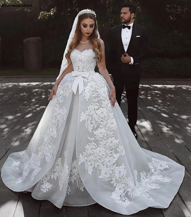 

Vestido De Noiva 2019 Wedding Dresses Ball Gowns Appliques Beaded Sequins Bow Lace Up Back Luxury Bridal Gowns Robe De Mariee