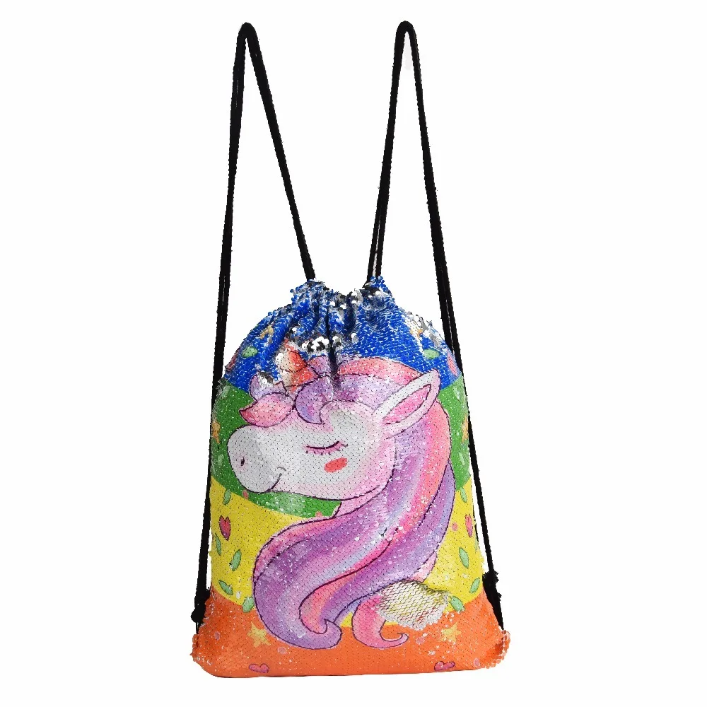 Custom Logo Bag Unicorn Sequin Backpack Drawstring Bag for Girl School Bag Kids Mermaid Horse Draw String Bags