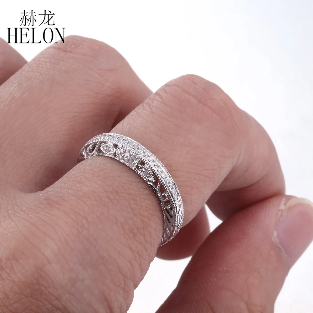 HELON Solid 14K White Gold 100% Genuine Natural Diamonds Ring For Women Half Eternity Wedding Ring Women Vintage Trendy Jewelry