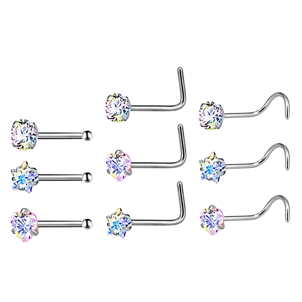 MagiDeal 9 Pieces Stainless Steel Zircon Crystal Screw Curved Nose Ring Studs Ear Body Piercing Jewelry 20G