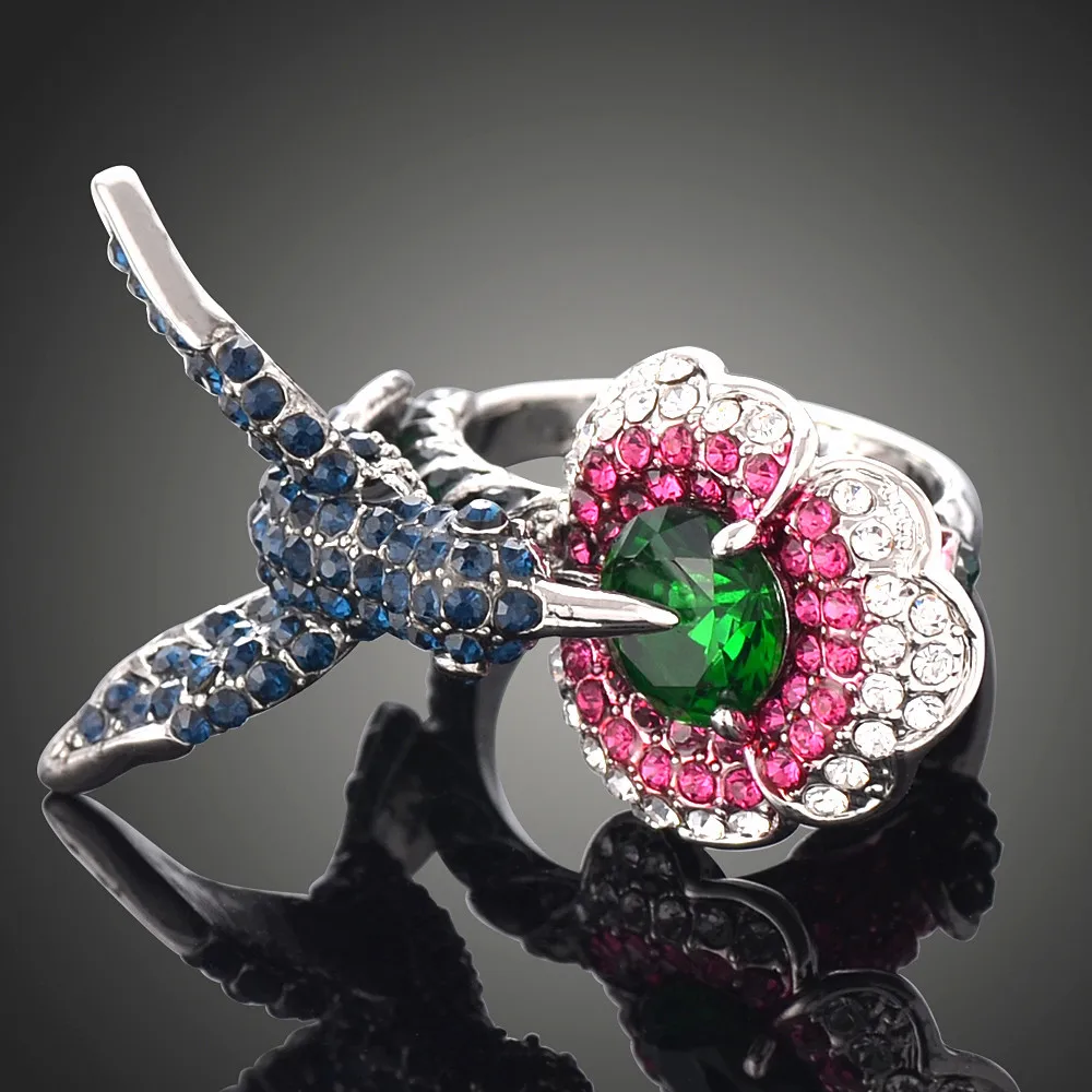 Модные Разноцветные синие зеленые прозрачные стразы птица цветок кольца для женщин богемное животное обручальное кольцо ювелирные изделия подарок