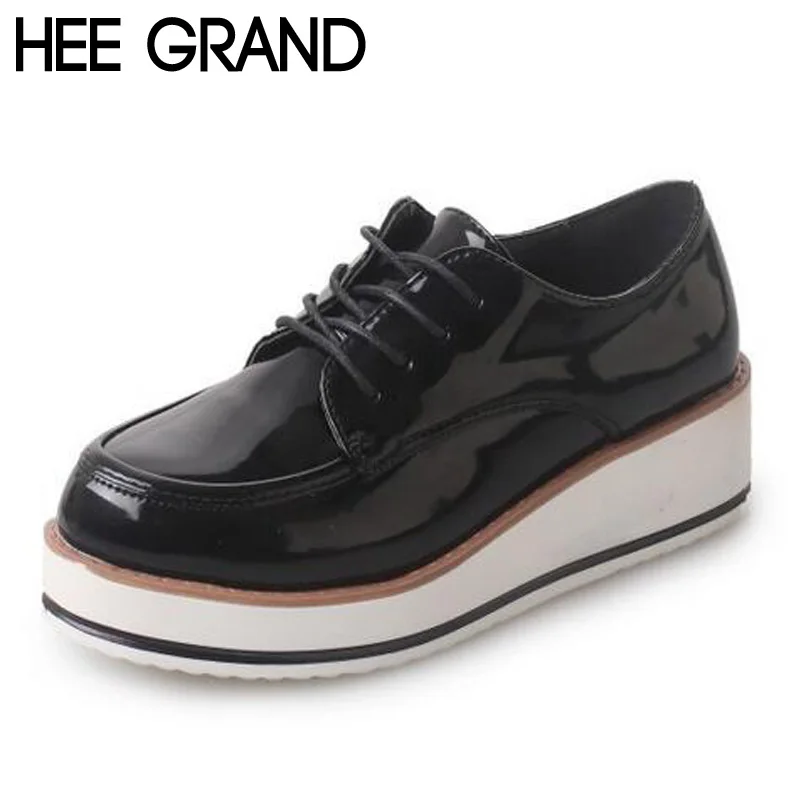 

HEE GRAND Women Creepers 2017 England Style Med Heel Flat Platform Lace up Shoes Woman Light PU Leather Spring Shoes XWD5147