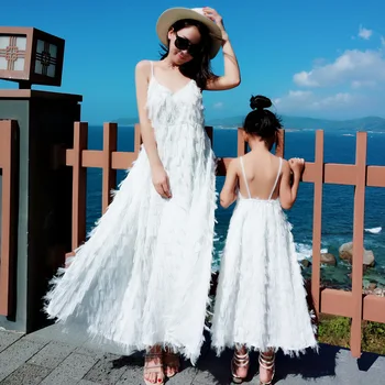 

Mother Daughter Dress White Backless Family Matching Dresses Mommy and Me Long Dress with Feather Tassels Beach Photography
