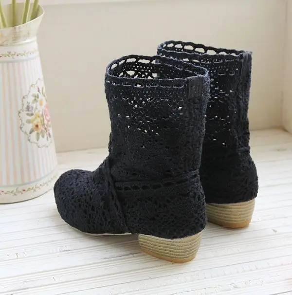 Women Lace Boots Cotton Fabric Thick Heel Boots 2017 Women's Shoes