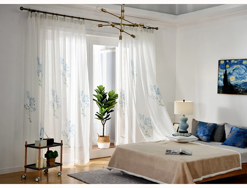 Китайские шторы, ручная роспись, тюль для кухни, простые синие цветы, отвесные окна, Curtian для гостиной, пряжа, вуаль для спальни