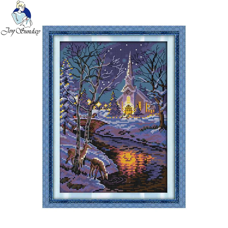 

Joy Sunday Winter Night Scenes 2 Counted 11CT 14CT Cross Stitch landscape Cross Stitch Kits for Embroidery Home Decor Needlework