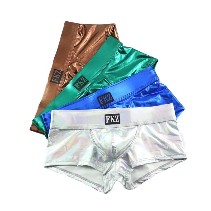 Men Boxer Shorts Sexy Male Low Rise PU Leather U Bulge Underwear Gay Party Club Boxers Shorts Bikini Underpants Cueca