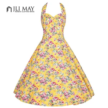 

JLI MAY Summer retro sundress yellow Floral party midi Halter sleeveless sexy womens clothing vintage women plus size dress