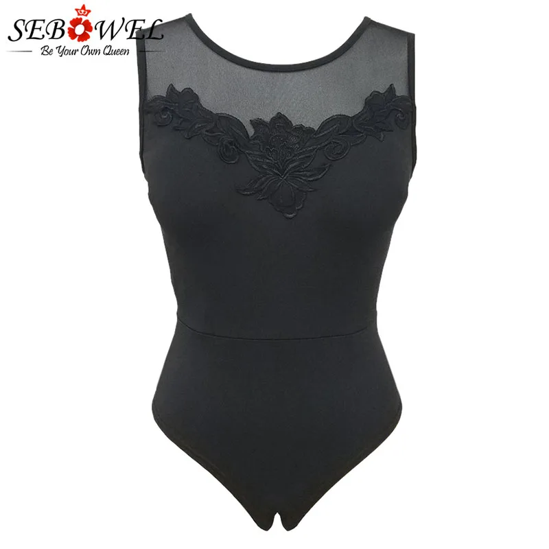 

SEBOWEL Sleeveless Black Sheer Lace Bodysuit Woman Summer 2019 New Lady Casual Skinny Bodysuits Female Backless Body Top Clothes