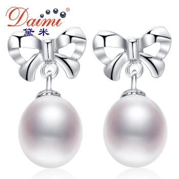 Daimi Cultured Pearl Earrings, 100% Genuine Brand Pearl Jewelry 9MM Natural Pearl Bowknot Earrings Silver Earrings