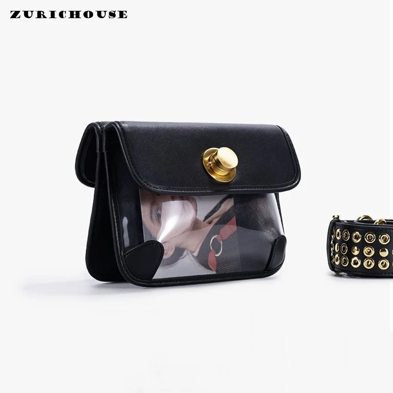 

Unua amo Brand Crossbody Bag Women Luxury Genuine Leather Double-sided Transparent Square Bag Rivet Wide Strap Shoulder Bags