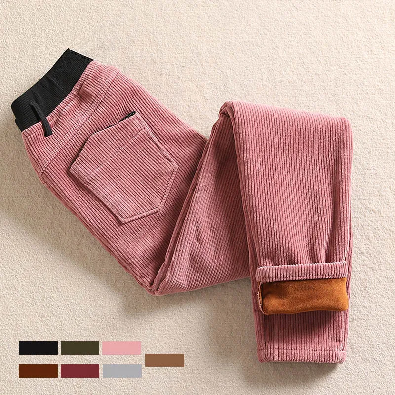 

Winter Warm Thicking Corduroy Pants Womens Elastic Waist Women's Pants With Pockets Slim Velveteen Trousers Women Velvet Black