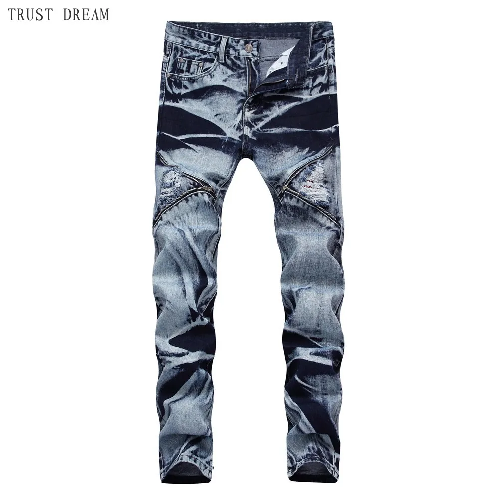 

2019 New Europeans Style Men Straight Jeans Slim Vintage Ripped Hole Zipper Deco Man Biker Motor Denim Pants Destroyed Trousers