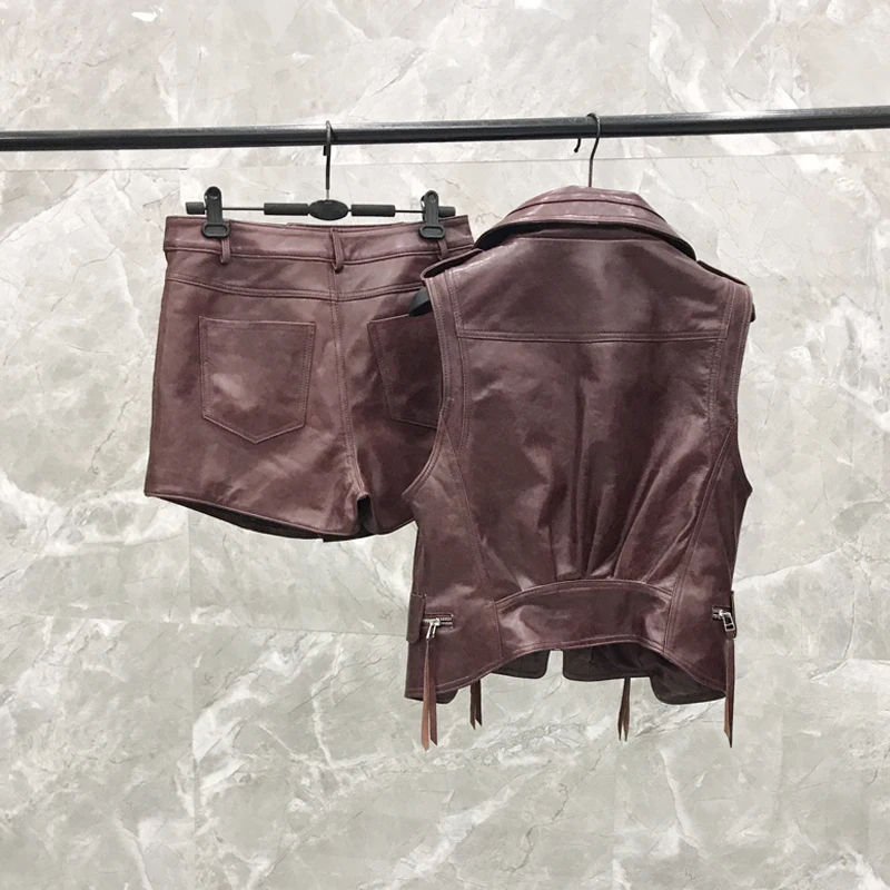 2019 New Leather  Vest Shorts Suit Female Spring and Autumn Wine Red Leather  Two-piece Real Leather Vest  Jacket Women