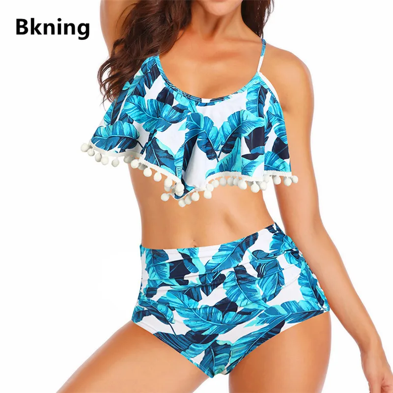 

Leaf Print Bikini 2019 Neon High Waist Swimwear Lady Ruffle Tankini Two Piece Suit Bathing Lotus Bandage Tropical Large Size 3XL