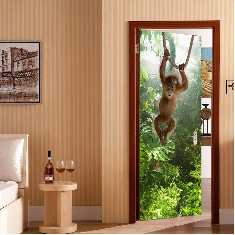 Новинка, Креативные 3D наклейки на дверь с изображением обезьяны, дерева, DIY, домашний декор, самоклеющиеся обои, водостойкая Фреска для гостиной
