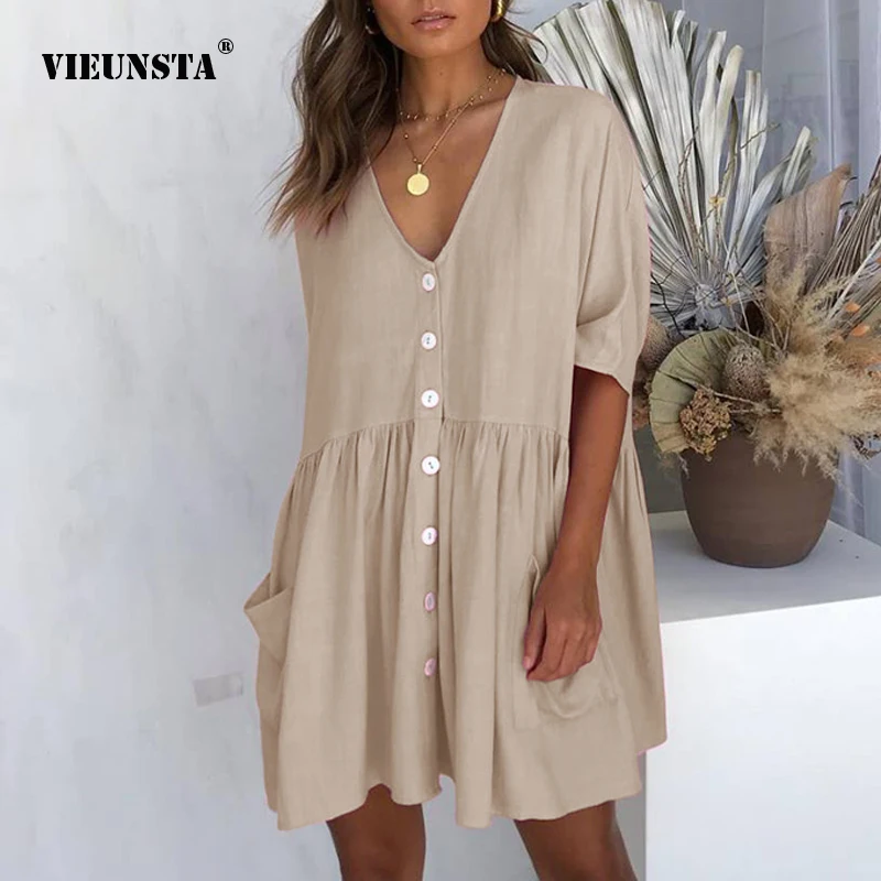 

VIEUNSTA Casual Loose V-neck Buttons Party Dress Women Fashion Short Sleeve Pockets Dress 2019 Summer A-Line Dresses Vestidos