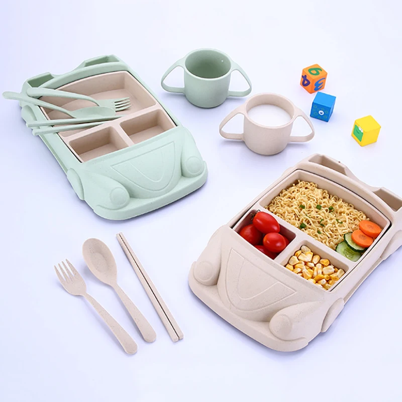 

Baby Food Containers Infant Bamboo Fiber Training Dishes Baby Feeding Sets Children Tableware Car Shape Bowl Cup Plates Sets