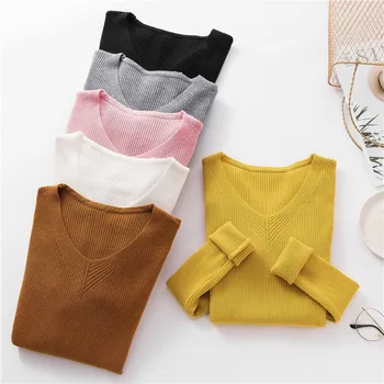 

2019 Women Sweater Women Knitted Long Sleeves Warm Sweater V-Neck Pullover