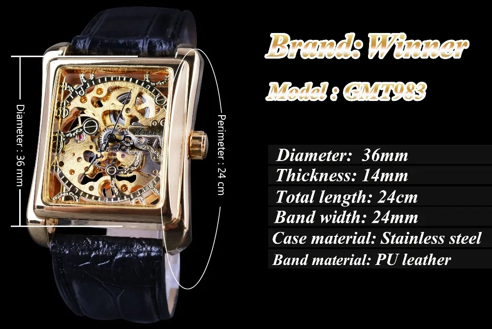 Online Winner 2017 Retro Casual Series Rectangle Dial Design Golden Pattern Hollow Skeleton Watch Men Watch Top Brand Luxury Mechanical