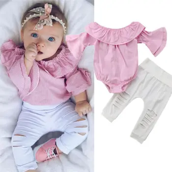 

US STOCK 2Pcs Baby Girls Clothes Striped Print Long Flare Sleeve Romper Tops Long White Hole Pants Summer Hot Sale Outfits Set