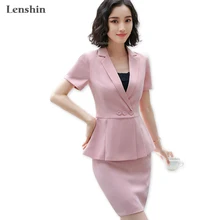 Lenshin/комплект из 2 предметов, Женская юбка костюм, новая летняя Рабочая деловая одежда, розовый пиджак с короткими рукавами и юбка без подкладки