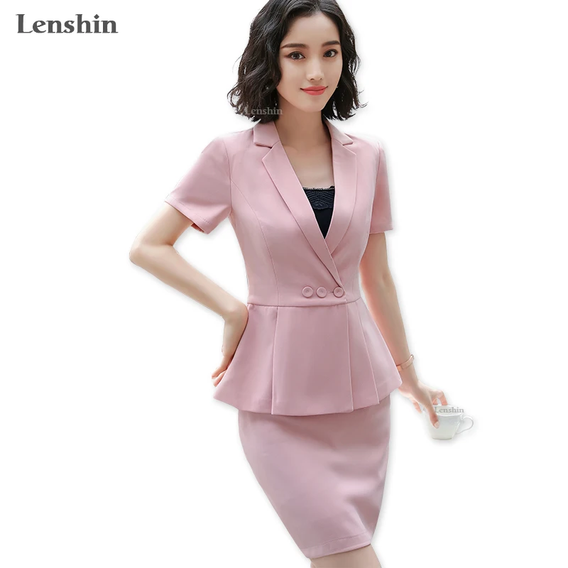 

Lenshin 2 Pieces Set Women Skirt Suit New Summer Work Wear Formal Short-Sleeve Pink Blazer Jacket & Skirt Without Lining