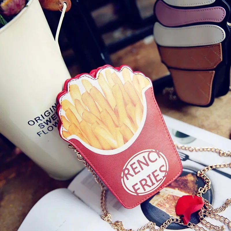 NEW Creative Style Woman Hamburger Ice Cream Cupcake PU Chains bags Cute Cartoon Hamburger Popcorn Fries 3D Messenger Bags H