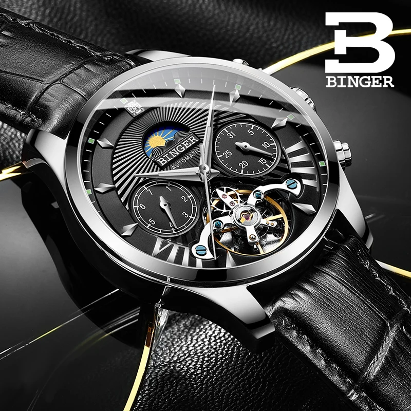 Мужские механические часы BINGER Skeleton Tourbillon Автоматические классические кожаные