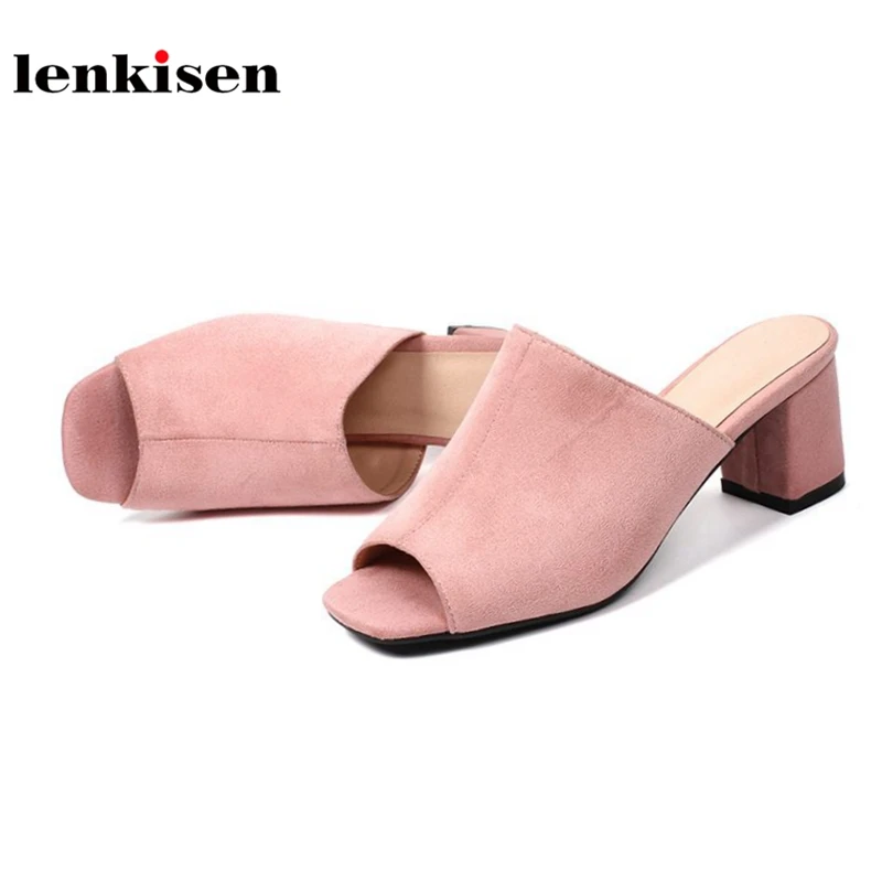 

Lenkisen 2018 flock peep toe med heels slip on slingback solid vintage concise style shoes office lady fashion women pumps L13
