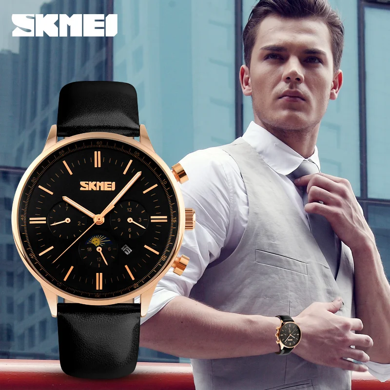 

SKMEI brand Men's Moon Phase Quartz Watch fashion analog quartz-watch 30M waterproof Business men Wristwatch Leather watches