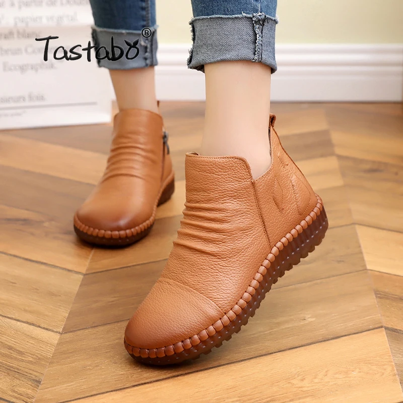 

Tastabo Autumn Ankle Boots Round Toe Handmade Cow Leather Flat shoes Casual soft comfortable Ladies Martin Boots large size