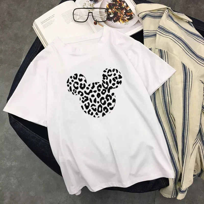 Женская летняя футболка Camiseta Mujer Ulzzang топы графическая Femme леопард Микки Минни