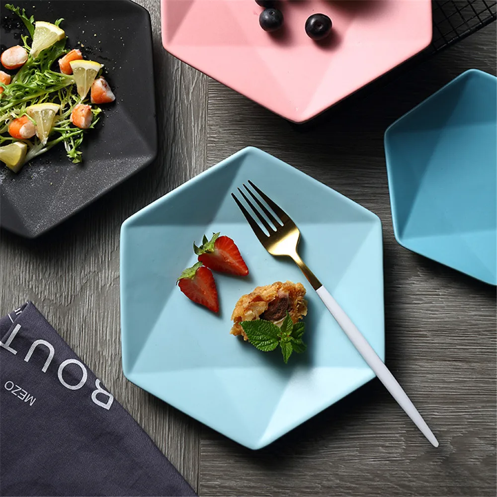 

Hexagon Matte Ceramic Plate Nordic Food Storage Tray Western Pizza Breakfast Fruit Dish Ins Popular Tableware