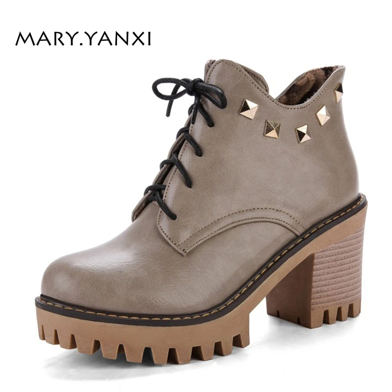 

Winter Women Shoes Ankle Chelsea Boots Platform High Square Heels Fashion Round Toe Short Plush Lace-up Cross-tied Rivet