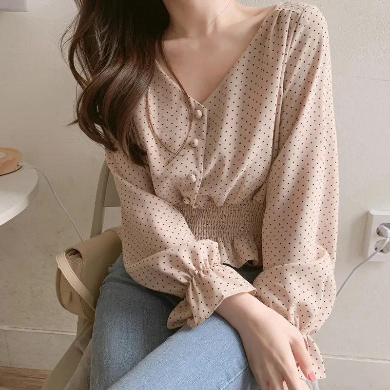 Vintage Women V-neck Flare Sleeve Polka Dot Shirts Elegant Front Buttons Tie Waist Ruffles Blouses