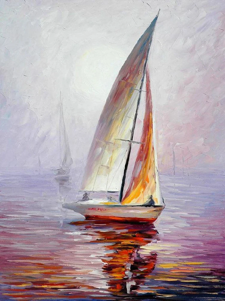 Impressionism Design Handmade Abstract Seascape Boat Oil Painting On