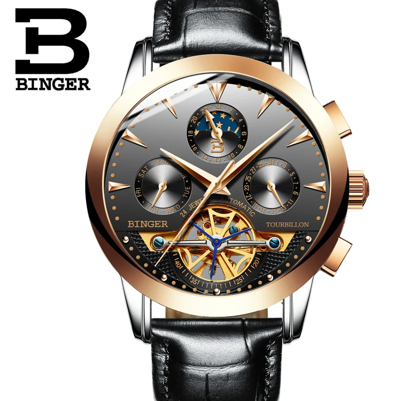 Роскошные Швейцария BINGER бренд для мужчин Self-wind водостойкие полный сталь Автоматические механические мужской моды Tourbillon часы