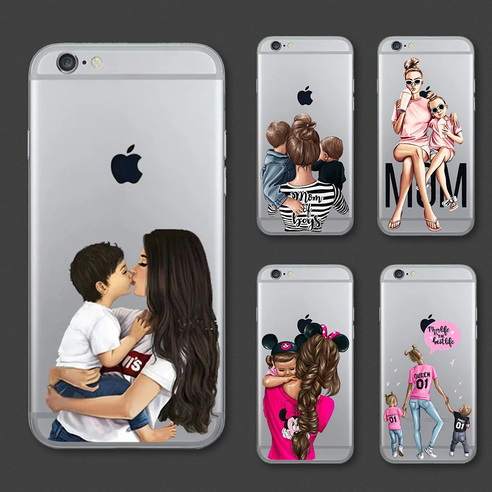 

Lovely Boys Girls Mom Baby Princess Transparent Phone Case For iPhone 11 5 5S SE X XS XR Max 6 6S 7 8 Plus Soft TPU Back Cover