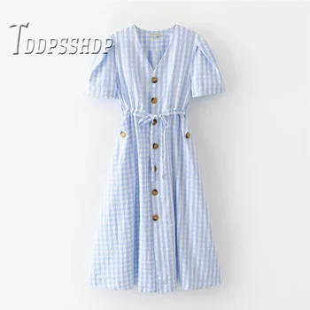 

2019 Blue Grid Women Dress V Neck Short Sleeve Button Decor Female Dresses
