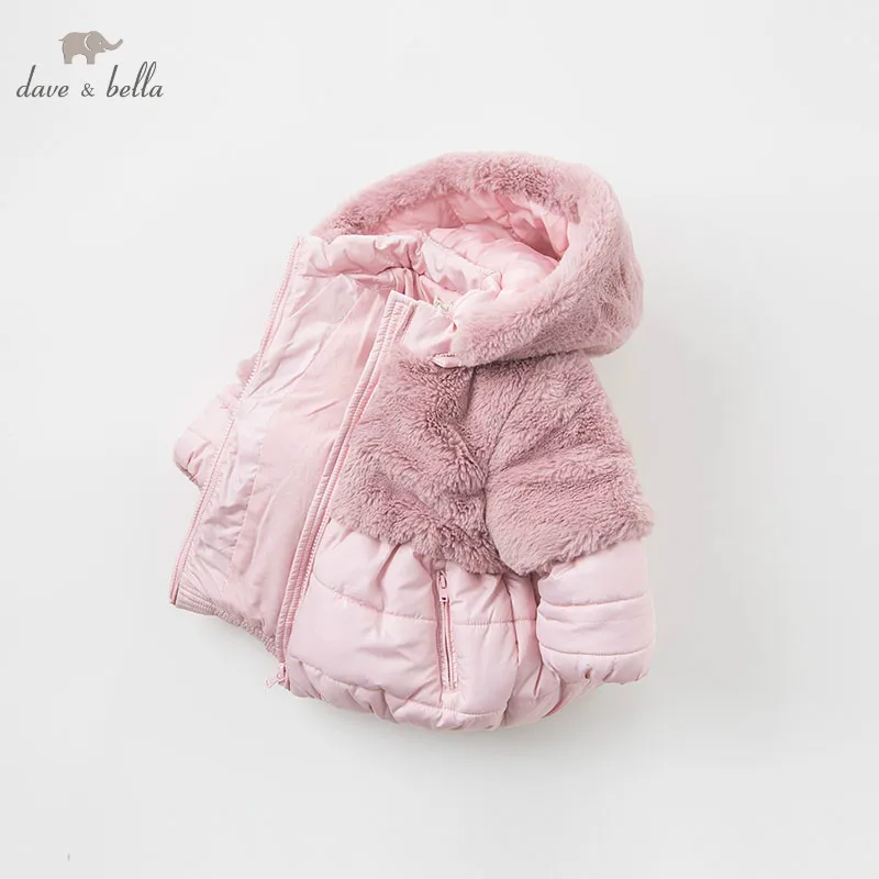 DBA7949 dave bella winter baby girls pink hooded coat infant padded jacket children high quality coat kids padded outerwear