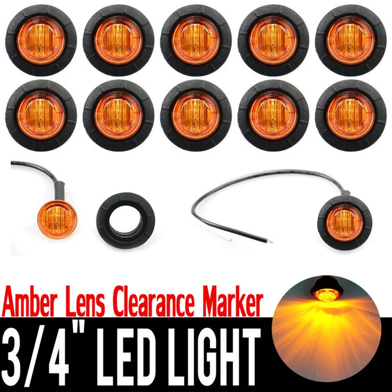 

10Pcs Amber Bullet Side Marker Light 12V Universal Truck Trailer SUV Pickups Clearance Lamp Round with 25cm wires Grommet