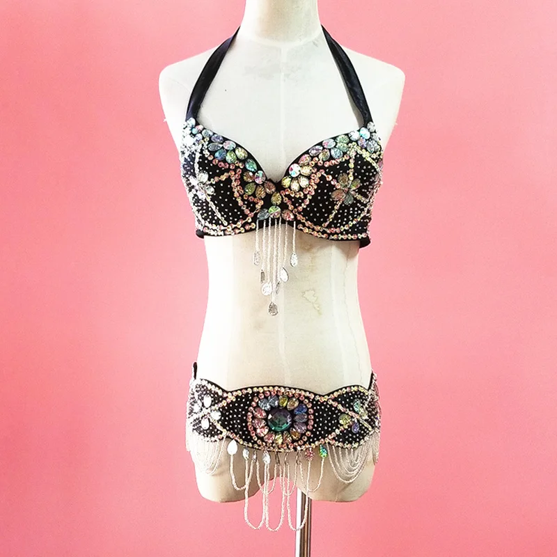 

2018 Women Dancewear Belly Dancing Clothes Oriental Dance Outfits Performance Belly Dance Beaded Costume Bra and Belt 2 Pieces