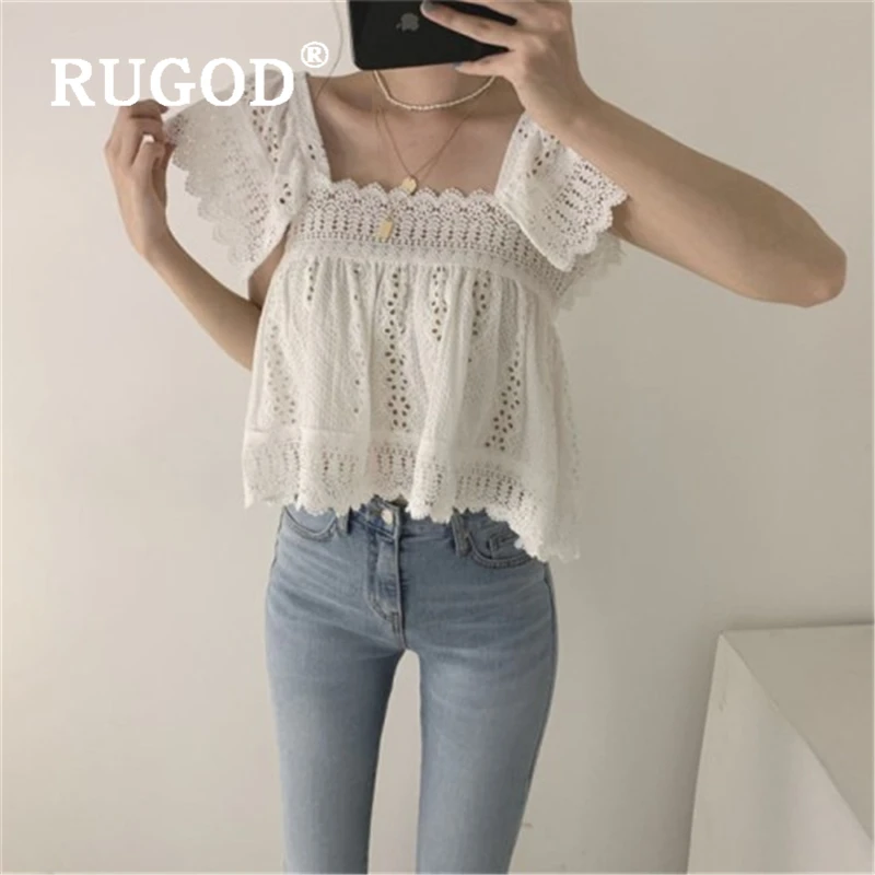 Женская винтажная блузка RUGOD белая открытая в Корейском стиле короткий рукав