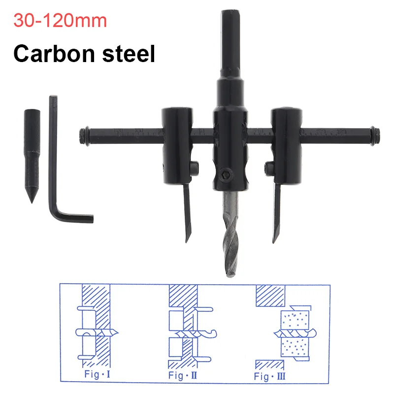 Сплав Регулируемый Круг отверстие резак набор с деревянным отверстием пила Металл сверло резак 30 мм-200 мм сверло инструменты для деревообработки - Цвет: 30-120mmCarbon steel