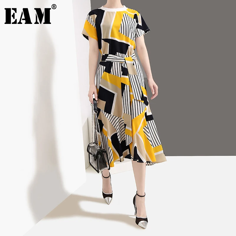 

[EAM] 2019 New Spring Summer Round Neck Short Sleeve Yellow Striped Pattern Printed Loose Waist Bandage Dress Women Fashion JS96