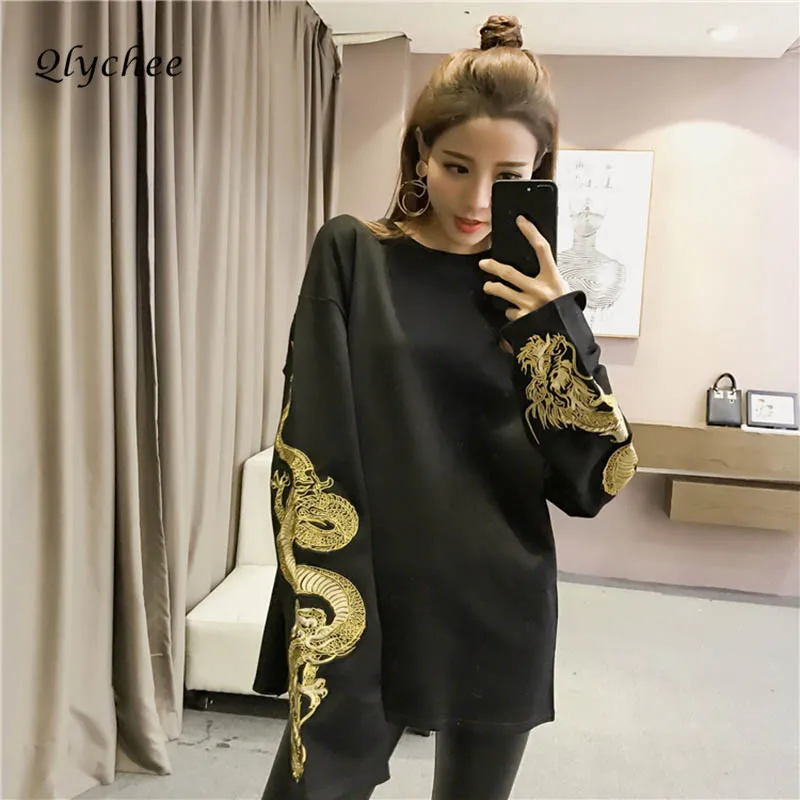 Qlychee демисезонный Harajuku с длинным рукавом дракон вышивка Кофты для женщин топы